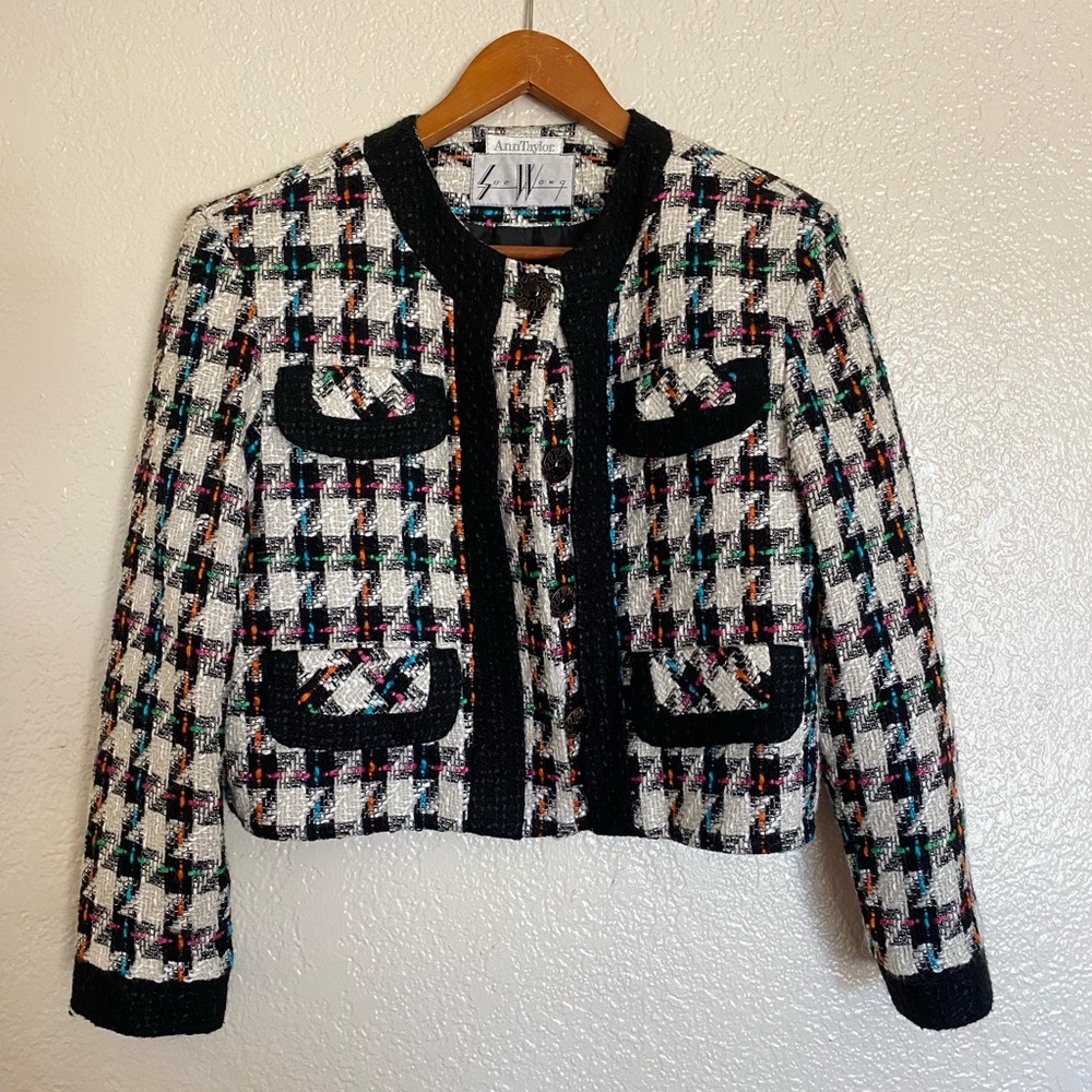 Anne Klein Multicolor Tweed Cropped Jacket with Black Trim
